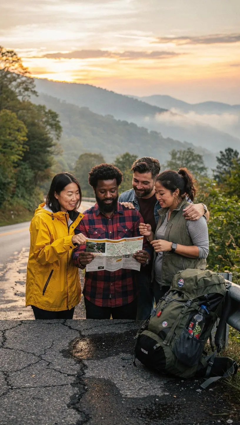 Rodzina podróżująca samochodem, ciesząca się widokami na trasie.